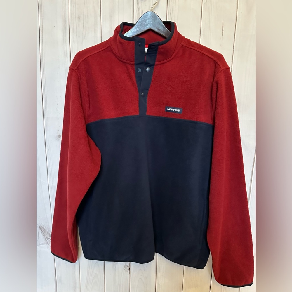 Lands' End‎ men's polar fleece snap neck pullover in navy and red Size L